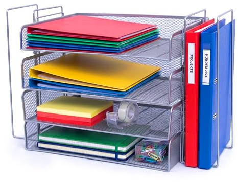Relaxdays Briefablage, Metall, A4, 4 Fächer, 2 Stehsammler, HxBxT: 30 x 49,5 x 24,5 cm, Schreibtisch Organizer, Silber