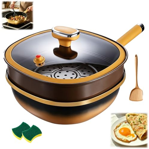12in Titanium Alloy Non-Stick Pot With Lid, 30 X 10cm Multi-purpose Deep Frying Pan with Steamer Basket, Metal Construction Pans for Cookware with Stay-Cool Handle for Cooking & Frying (With Steamer)