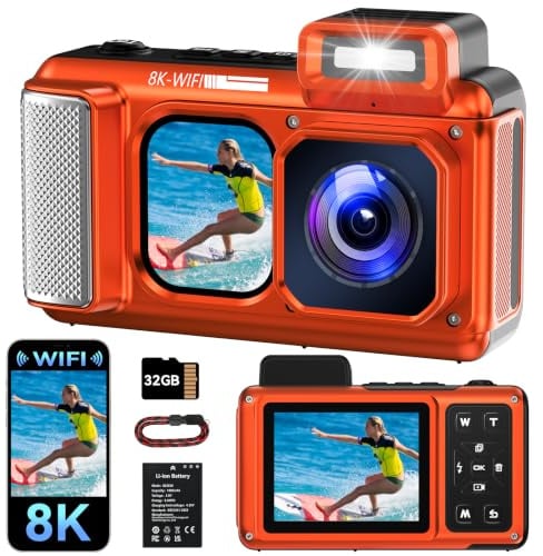 Maxmango V08 Pro 49FT Macchina Fotografica Subacquea - 8K 90MP WiFi Macchina Fotografica Digitale, 2.8'' Touchscreen Robusta Antipolvere Antiurto per Snorkeling, 32GB Fotocamera Digitale, Arancia