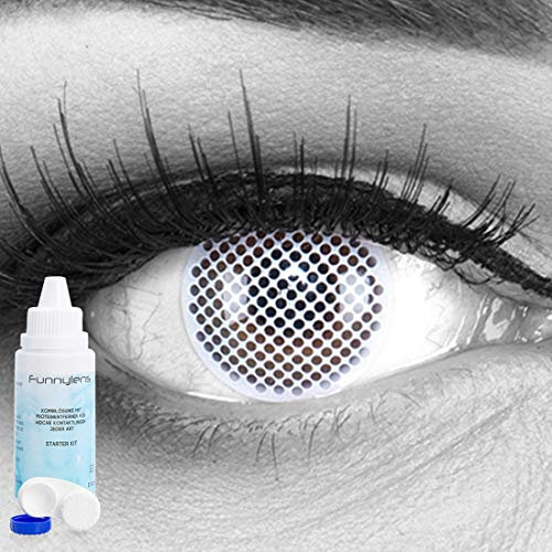 Farbige weisse weiße weisses Gitter Crazy Fun Kontaktlinsen crazy contact lenses White Screen 1 Paar. Mit gratis Linsenbehälter + 60ml Pflegemittel