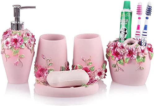 LUANT Accessori da bagno vintage rosa 5 pezzi Caratteristiche: dispenser di sapone, portaspazzolino, bicchiere e portasapone, set regalo da bagno