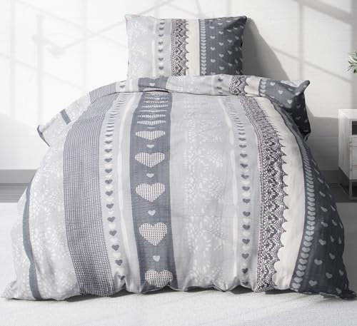 Heubergshop 2-teilige Seersucker Bettwäsche 155x220cm und 80x80cm - Love Liebe Herzen Anthrazit, Geschenkidee für Partner - Bettgarnitur aus 100% Baumwolle, bügelfrei, Übergröße, (386-2-S)