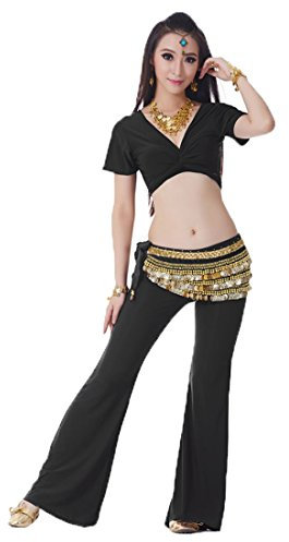 Calcifer Bauchtanz-Anzüge aus massiver Baumwolle, kurzärmelig, Oberteil und Hose, Bauchtanz-Anzug, Kostüm, Praxis, Tanzkleidung für Frauen, professionelle Tänzerin (schwarz)