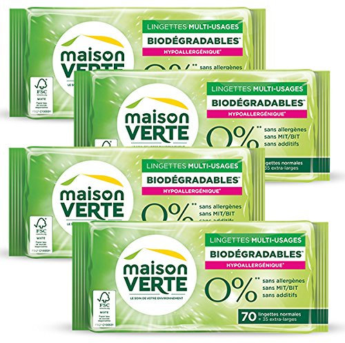 Maison Verte - Lingettes Nettoyantes Multi-Usages 0% 70 Pièces - Lingettes biodégradables - Hypoallergénique - Sans Allergènes - Sans Additifs - Fibre de Cellulose 100% d’Origine Naturelle - Lot de 4