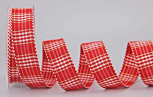 finemark 20 m x 40 mm Dekoband Sweet Home ROT Gold (1,00€/m) Stoffband kariert Karo glänzend ohne Draht Geschenkband Schleifenband Geschenkverpackung nähen Landhaus Dekoration Weihnachten Advent