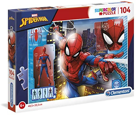 Clementoni 27118 Supercolor Spiderman – Puzzle 104 Teile ab 6 Jahren, buntes Kinderpuzzle mit besonderer Leuchtkraft & Farbintensität, Geschicklichkeitsspiel für Kinder