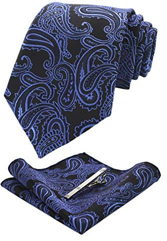 JEMYGINS Graziös Paisley Elegant Herren Krawatte und Einstecktuch mit krawattenklammer Sets (Dunkelblau2)