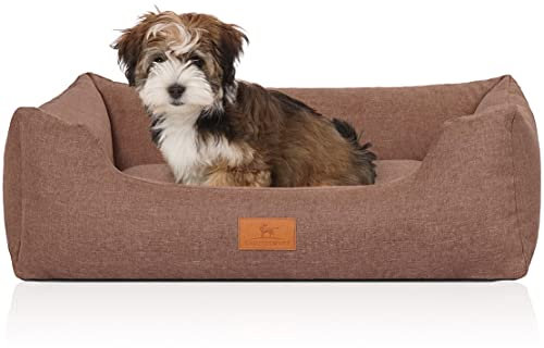 Knuffelwuff Hundebett Lotte aus Velours mit feinem Handwebcharakter M-L 85 x 63cm Lichtbraun - abnehmbarer Bezug - waschbar - für große, mittelgroße und kleine Hunde