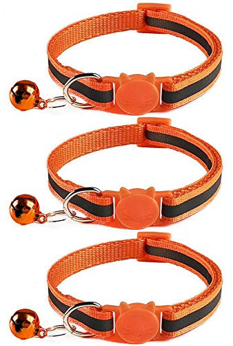 Tafeiya 3x Reflective Design Adjustable Cat Collars More Safety Quick Release Safety Buckle with Bell (Orange)