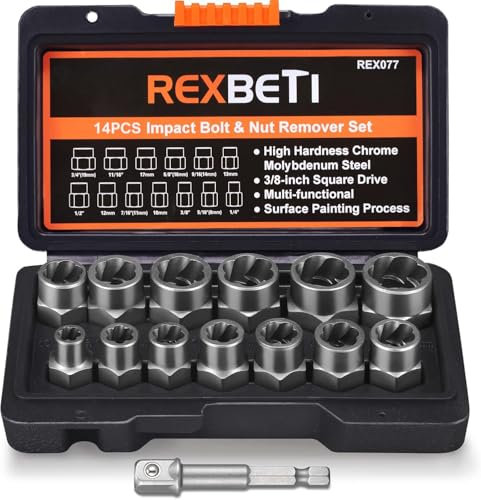 REXBETI Impact Bolt & Nut Remover Set, 13 Pieces Bolt Extractor Tool Set with Solid Storage Case