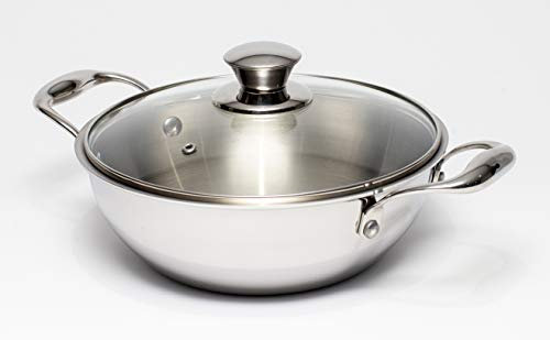 Zinel 5032 Tri-Ply Wok with Glass Lid, 2.2L-22cm, Stainless Steel