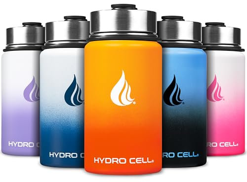 HYDRO CELL Stainless Steel Water Bottle w/Straw & Wide Mouth Lids (40oz 32oz 24oz 18oz) - Keeps Liquids Hot or Cold with Double Wall Vacuum Insulated Sweat Proof Sport Design (Red/Orange 14oz)