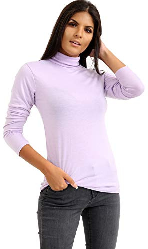 janisramone Womens Ladies Long Sleeve Turtle Polo Neck T-Shirt Slim Fit Jersey Casual Basic Plain Tee Vest Top Lilac