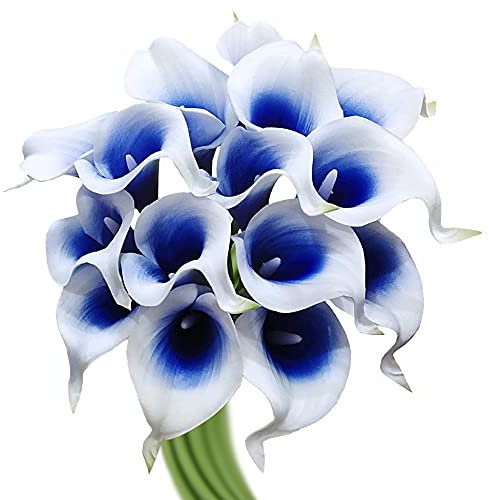 Huahuashijie 15 fiori artificiali Real Touch Calla Lily, bouquet da sposa, decorazione per la casa (seta bianca e blu abisso)