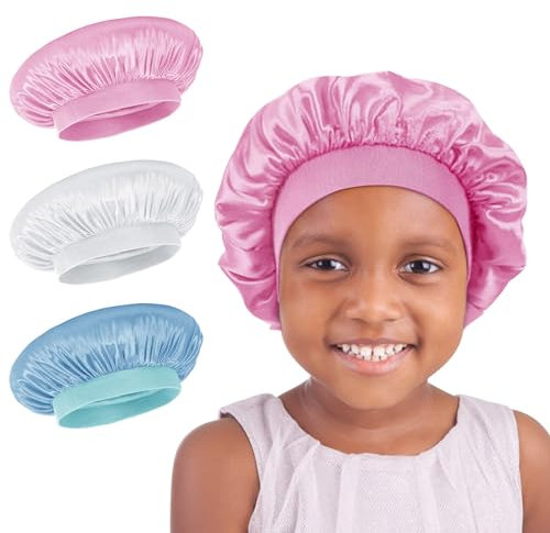 Satin Bonnets for Kids - Childs Shower Caps for Girls with Curly Hair