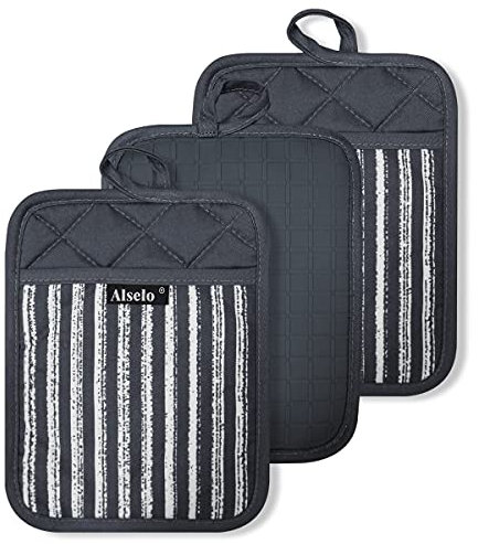 Alselo Lot de 3 maniques professionnelles en silicone résistant à la chaleur et antidérapant, avec poches, pour cuisine, pâtisserie, barbecue