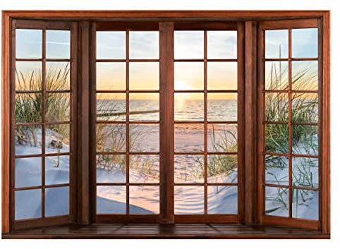 WallArena - Vlies Fototapete Fenster mit Aussicht Strand Meer Ostsee Fensterblick 152x104 cm - Fototapeten Tapeten für Wohnzimmer Schlafzimmer Vliestapete Wandtapete Tapete 3D Effekt- inkl. Kleister