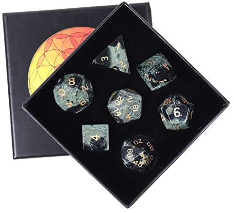 KYEYGWO Kambaba Jaspis Kristall Polyedrische Würfel Set, 7pcs Reiki Heilung Stein Polyedrischer Spielwürfel für Dungeons und Dragons RPG DND Dice Tischkartenspiele Brettspielwürfel