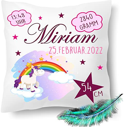 Personalisierbares Kissen zur Geburt, Geburtskissen mit Namen, Einhorn, Geschenk, bedrucktes Kissen | Dekokissen, Zierkissen | Kuschelkissen 40X40 bedruckt | Kissenbezug (mit Kissenfüllung)