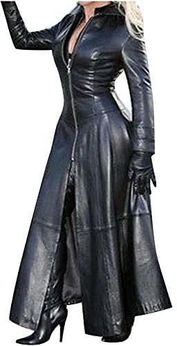 Damen PU Leder Trenchcoat Jacke mit Reißverschluss Sexy Kleid Body Clubwear Langer Lack-Mantel PVC Mantel Lack Optik Matrix Jacke Robe Lange Coat mit Stehkragen Outwear Cosplay Kostüm Party Fasching