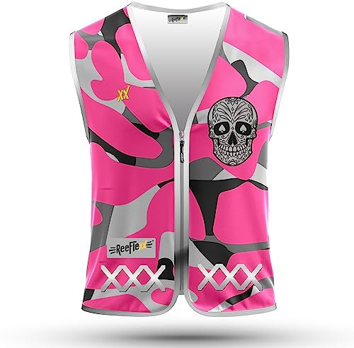 REEFLEXX Warnweste/Reflektorweste/Sicherheitsweste für Kinder, erhöhte Sichtbarkeit im Straßenverkehr, Joggen, Fahrrad oder Auto (Pink Camou Skull, L)