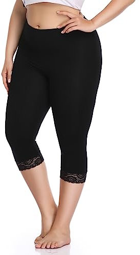 North Bund Damen Capri 3/4 Leggings High Waist Leggins Blickdicht Sporthose Sexy Bauchweg Gymnastikhose Übergröße Mit Spitze Sommer Für Yoga Gym Freizeit Schwarz 3XL