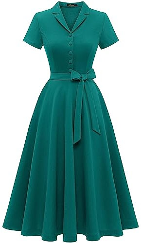 Wedtrend Robe de cocktail vintage pour femme - Ligne A - Longueur midi - Col en V - Élégante robe décontractée, Turquoise., S