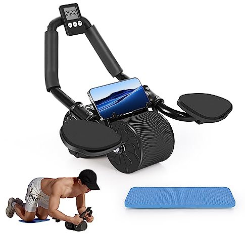 Abdominal Roller Wheel mit Timer, Amouhom Bauchroller Bauchmuskeltrainer Automatisches Rebound mit Stabilen DoppelräDern Bauchtrainer mit Kniematte Perfektes Heim-Fitnessgerät für Männer und Frauen