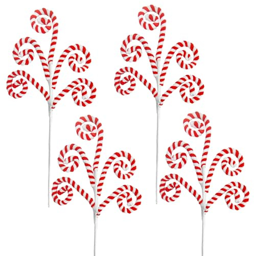 Donfulily 4Pcs Christmas Candy Cane Picks Lollipop Shape Curly Stems for XmasTree Filler Ornaments Centerpieces Festive Home Office Party Decor (Red & White)