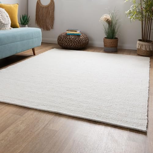 Steffensmeier Handweb Teppich Kos | Wolle (Schurwolle), Natur Hell, handgewebt, Größe: 160x160 cm Wohnzimmer und Schlafzimmer