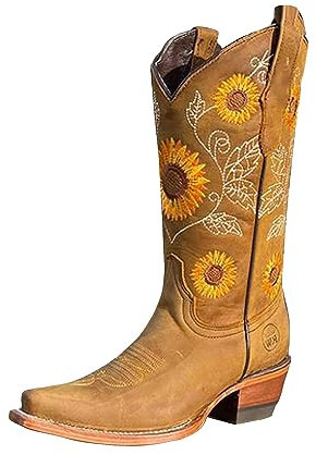 higyee Stivali Western Da Donna - Stivali Da Cowboy Ricamati Girasole Da Donna | Stivali Da Cowboy Western Da Donna Con Tacco Alto | Stivali Da Cowgirl Western Retrò A Metà Polpaccio