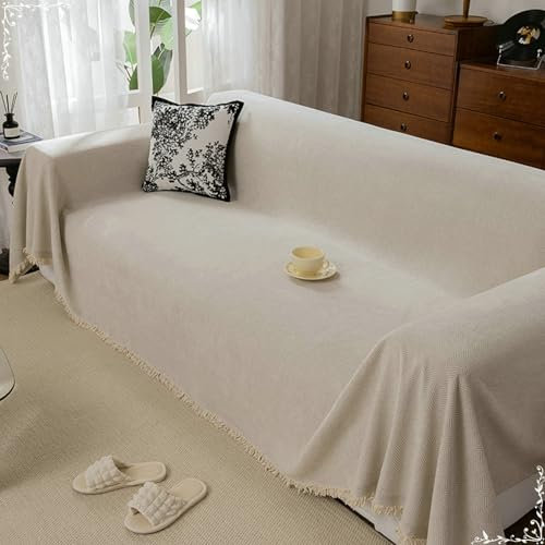 Ayoiow Sofabezug Antirutsch Sofa Überzug Beige 4 Sitzer Sofabezug Chenille Einfarbiges Fischgrätenmuster