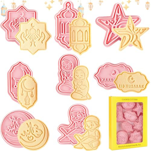 Eid Mubarak Ausstechformen, 8 Stück Ramadan Keksausstecher, Muslimischen Cooki Cutter, 3D Eid Mubarak Plätzchen Ausstecher Set, Ramadan Islamische Ausstecher Plätzchenformen DIY Kuchen Backen Fondant