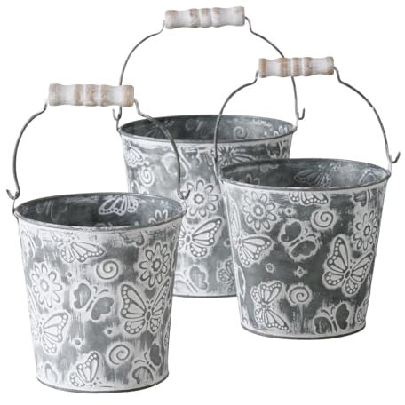 BOLTZE 3 x Pflanztopf Mariposa Zink grau Höhe 12-15 cm, Blumentopf, Landhaus, Geschenk