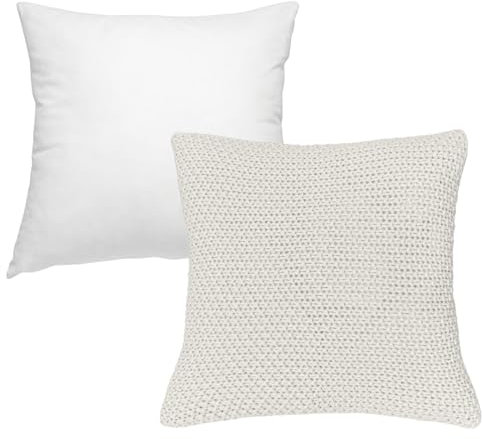wometo Dekokissen-Set Strick Kissenbezug 45x45 mit Innenkissen und Federkissen Füllung weiß - Reißverschluss Oeko-TEX Sofakissen warme Kissenhülle mit Strickmuster