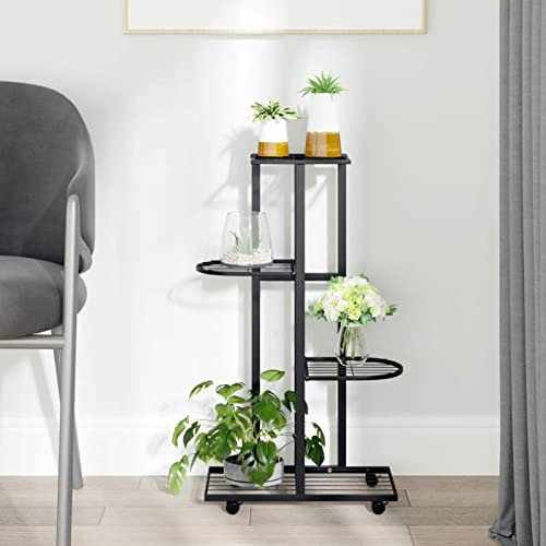 LAPOOH Blumenständer, Pflanzenständer, Pflanzenregal, Blumenregal, Blumentreppe, Pflanzentreppe, Blumenleiter, Kräuterleiter, Pflanzenleiter, 4-Etagen mit Rollen 44x23x80 cm Schwarz Eisen