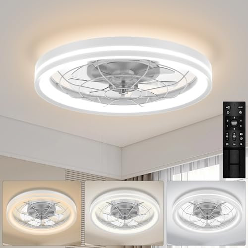 Modernos Ventilador de Techo con Luz, 48cm Ventilador de Techo sin Aspascon luz y Mando a Distancia, Ventiladores de Techo Silencioso con Luz LED Motor CC Reversible para Dormitorio, Salón