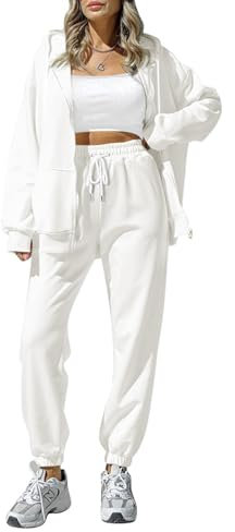 Sovoyontee Damen Trainingsanzug Zip Up Hoodie Sweatsuits 2-teilige Jogger Sets mit Taschen Weiß M