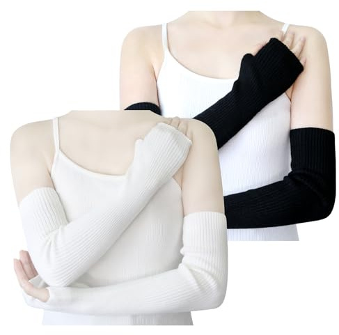 YATANAM Handgelenkwärmer aus Wollmischgewebe, warm, fingerlos, gestrickt, weiche Armstulpen, Ärmel, Tipp-Fäustlinge für Damen, B-Schwarz + Weiß, 19.7''/50cm