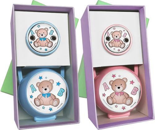 Conjunto de Pinza de Chupete y Portachupetes con Aplique Laminado en Plata de Ley 925‰, Diseño de Osito, Azul y Rosa (E3203)