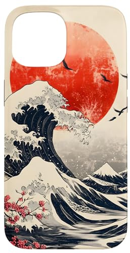 Japanische Welle, rote Sonnenlandschaft Hülle für iPhone 15