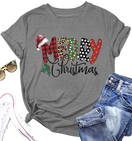 hohololo Christmas T Shirt Womens Merry Christmas Shirt Xmas Short Sleeve Shirts (Grey-f,M)