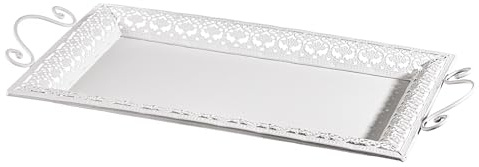 Baroni Home Vassoio in Metallo Rettangolare con Bordo Decorato Trama a Trina, Vassoio da Portata, Vassoio Decorato da Cucina, 48x26x4 cm, Bianco