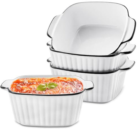 Iceten 4PCS Ceramic Baking Dishes with Handles, 5.75Square Lasagne Dish for Air Fryer, Baking Dish, Pie Dishes for The Oven, Pasta Bake Dish for Lasagne/Pie/Casserole/Tapas(White)