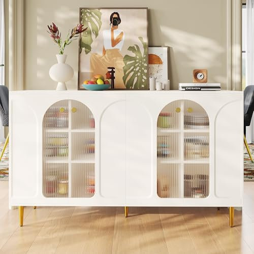 Merax Modernes Sideboard Esszimmer Sideboard Wohnzimmer Sideboard 140x40x85 cm, Sideboard mit Glastüren, Viel Stauraum,Esszimmer- & Wohnzimmerschrank, Metallbeine, Schiebetüren Weiß