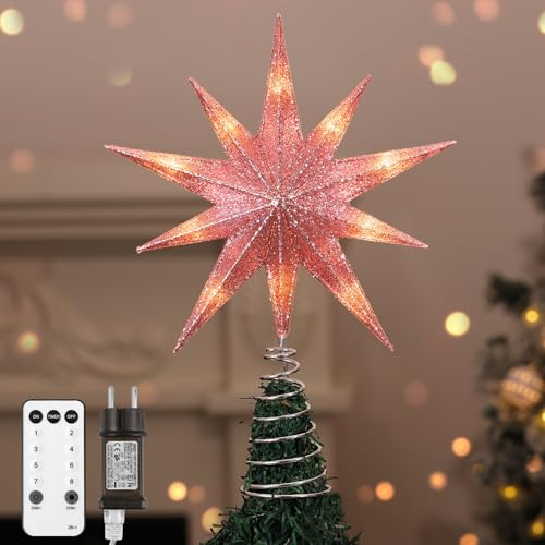 Lewondr Weihnachtsbaumspitze Stern, 13Zoll 10-zackiger leuchtender Weihnachtsstern Baumspitze mit Stecker und Fernbedienung für Weihnachtsdekoration, 6H Timer & 8 Beleuchtungsmodi, Warmlicht, Rosa