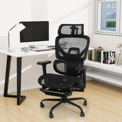 YOURLITE Chaise de Bureau Ergonomique, Fauteuil d'ordinateur avec Support Lombaire Dynamique et Repose-Pieds, Accoudoirs 3D, Appui-tête Réversible, Réglable en Hauteur, Maille Respirante, Noir
