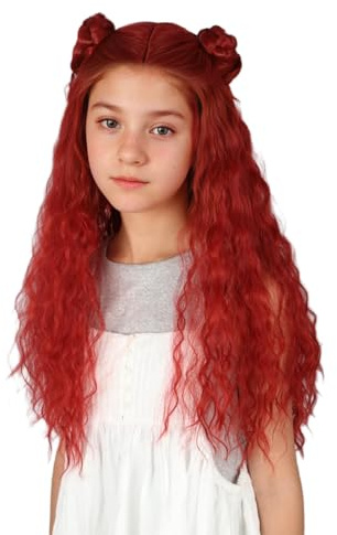 CGVG Lange Lockige Rote Perücke mit Zwei Dutts Red Wig für Cosplay Halloween Karneval Kostüm Party (Erwachsene)