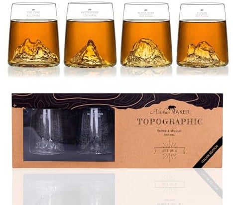 Set von 4 Schnapsgläsern 6,5 cl - Hochwertiges Borosilikatglas, handgefertigt mit Bergrelief | Tulpenform | TOPOGRAPHIC (Tre Cime, Matterhorn, Monte Rosa, Tofane)