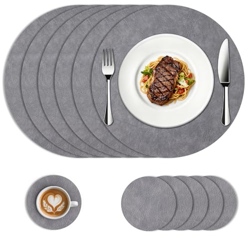 Kryndle Placemats and Coasters Sets 6, Round Waterproof Table Mats, Grey | 33*33cm PU Leather Heat-Resistant Washable Place Mats, Perfect for Indoor & Outdoor Use and Christmas Dining
